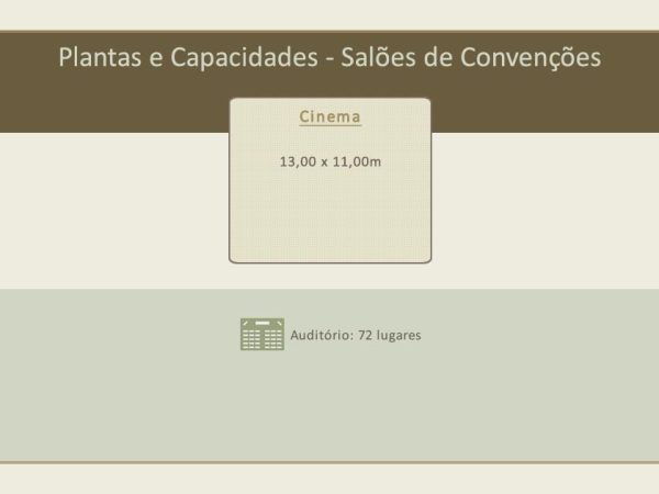 Perfeito para Treinamentos, Workshops, etc. Cinema com dimensão de 13,00 x 11,00m.