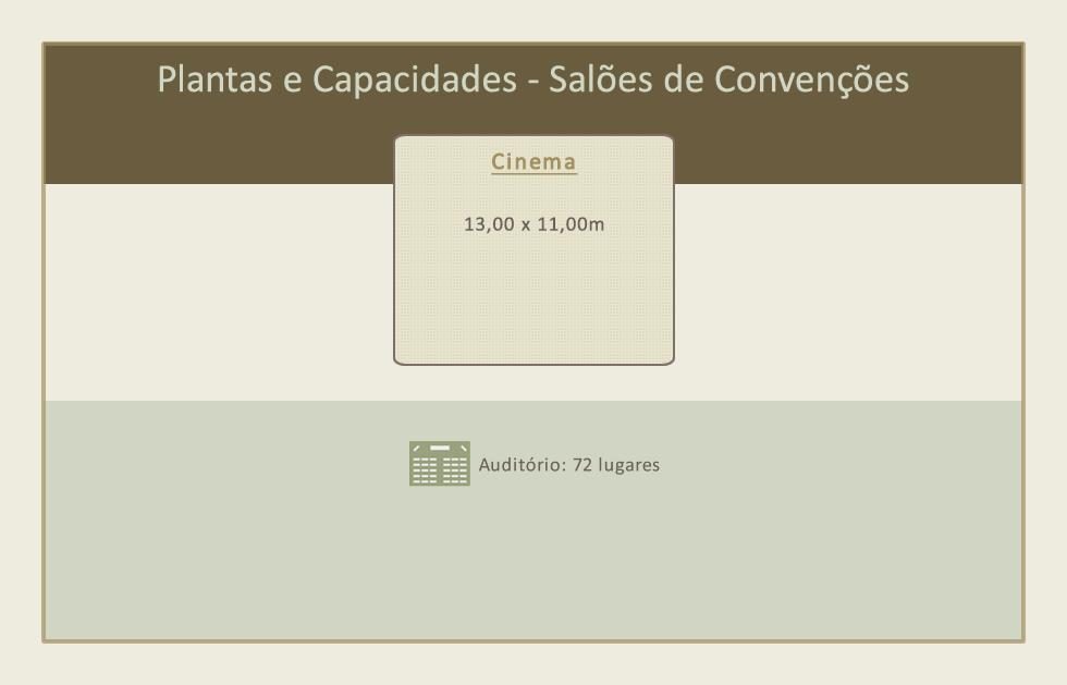 Perfeito para Treinamentos, Workshops, etc. Cinema com dimensão de 13,00 x 11,00m.